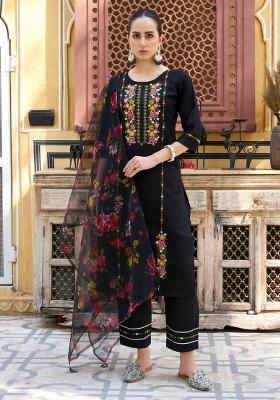 Black Embroidered Viscose Kurta Set