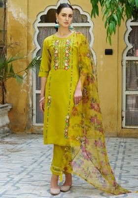 Yellow Embroidered Viscose Kurta Set