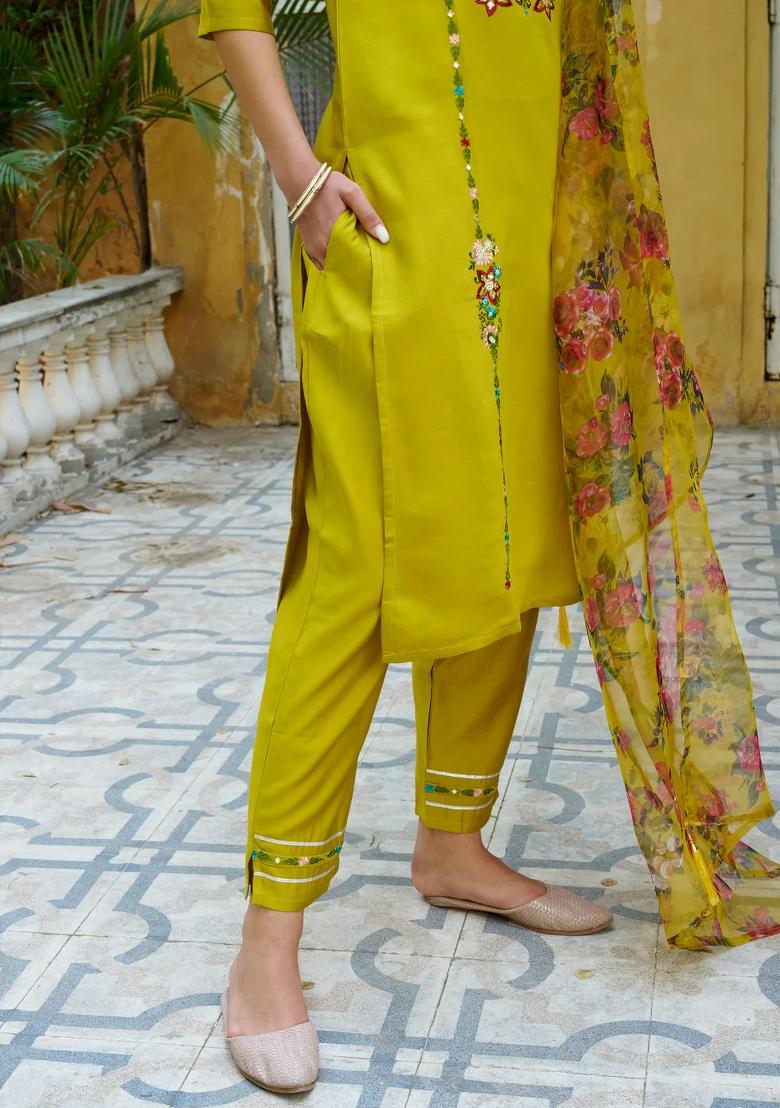 Yellow Embroidered Viscose Kurta Set - Indya