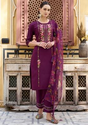 Purple Embroidered Viscose Kurta Set