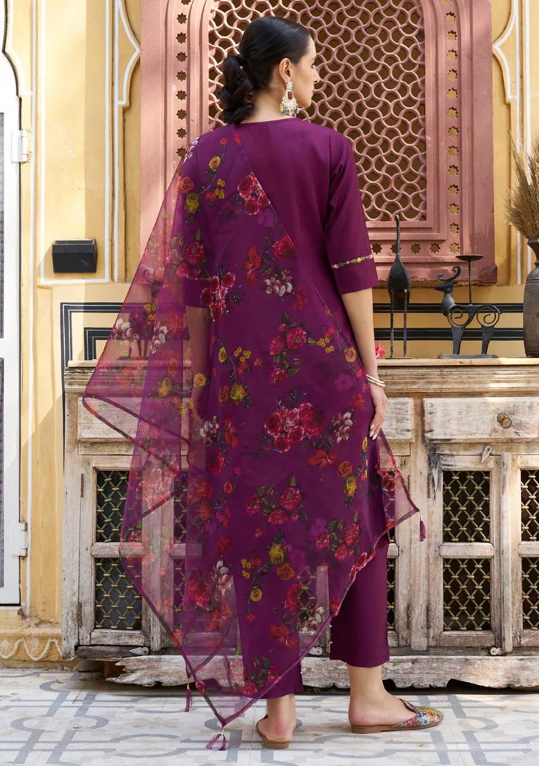 Purple Embroidered Viscose Kurta Set - Indya