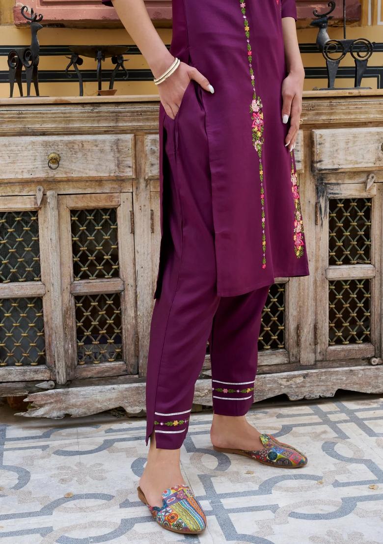 Purple Embroidered Viscose Kurta Set - Indya