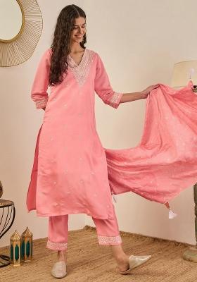 Pink Embroidered Silk Blend Kurta Set