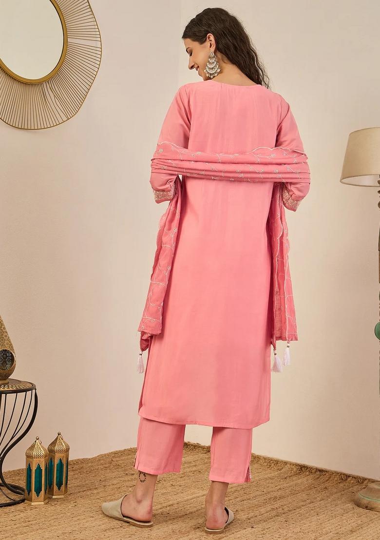 Pink Embroidered Silk Blend Kurta Set - Indya