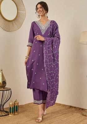 Purple Embroidered Silk Blend Kurta Set