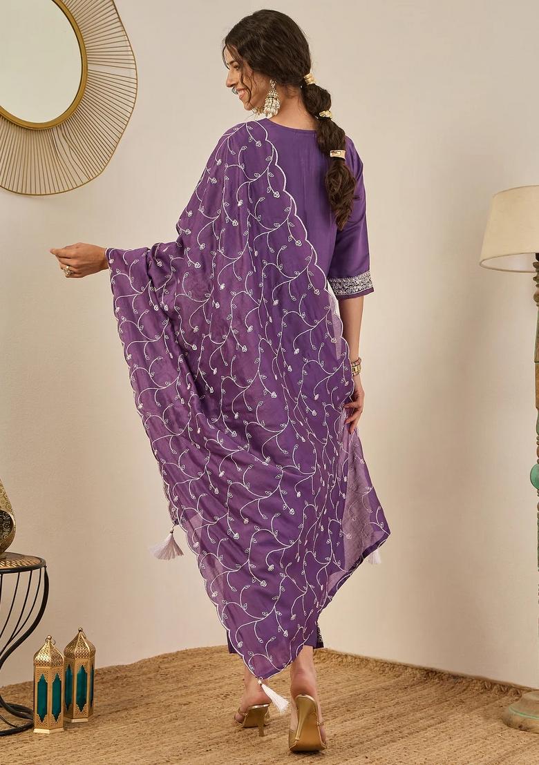 Purple Embroidered Silk Blend Kurta Set - Indya