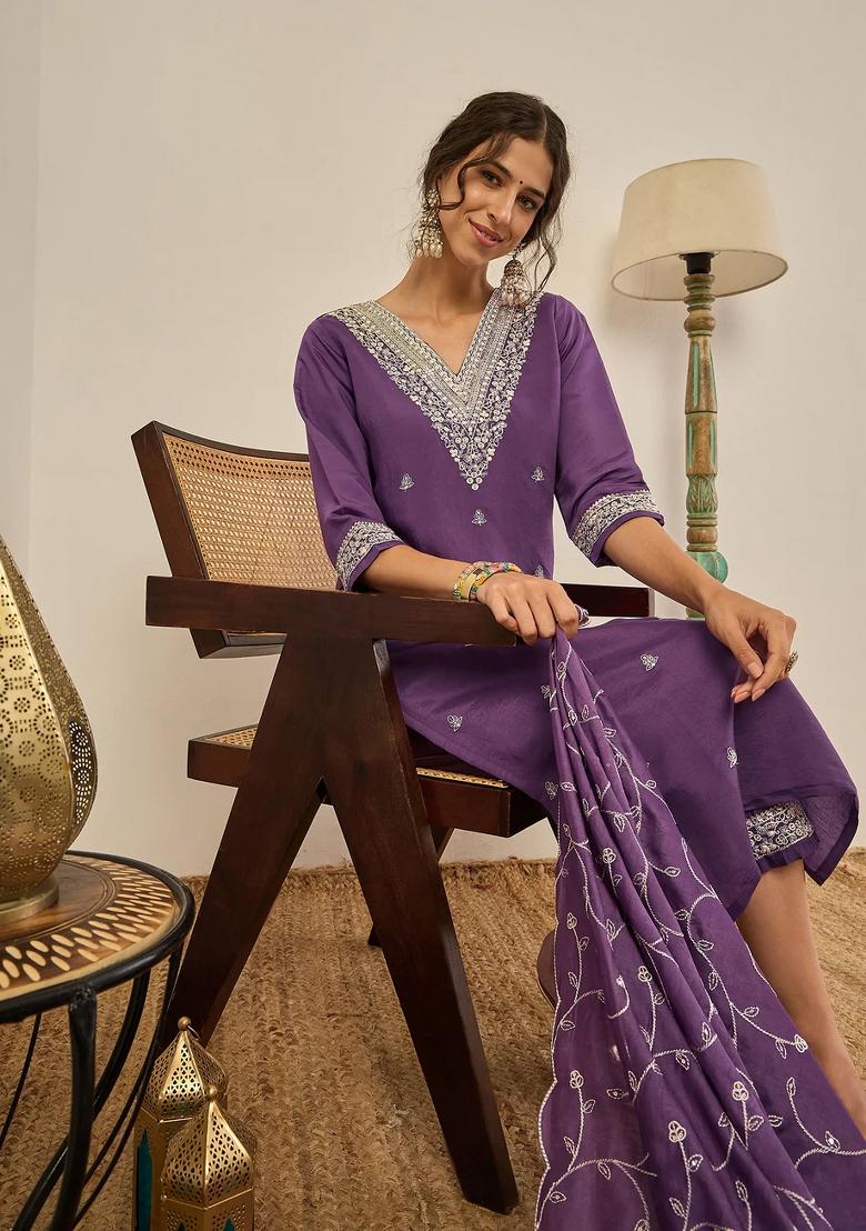 Purple Embroidered Silk Blend Kurta Set - Indya