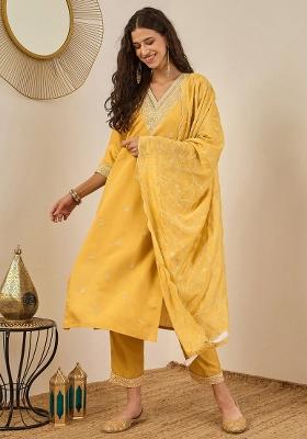 Yellow Embroidered Silk Blend Kurta Set