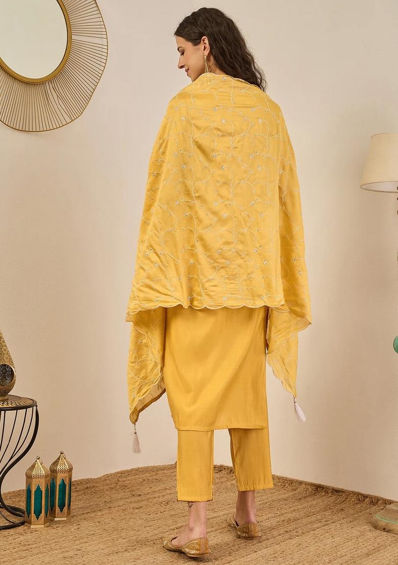 Yellow Embroidered Silk Blend Kurta Set - Indya