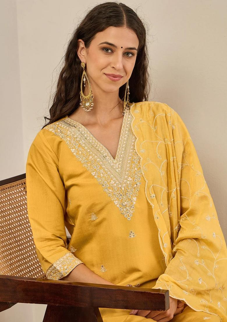 Yellow Embroidered Silk Blend Kurta Set - Indya