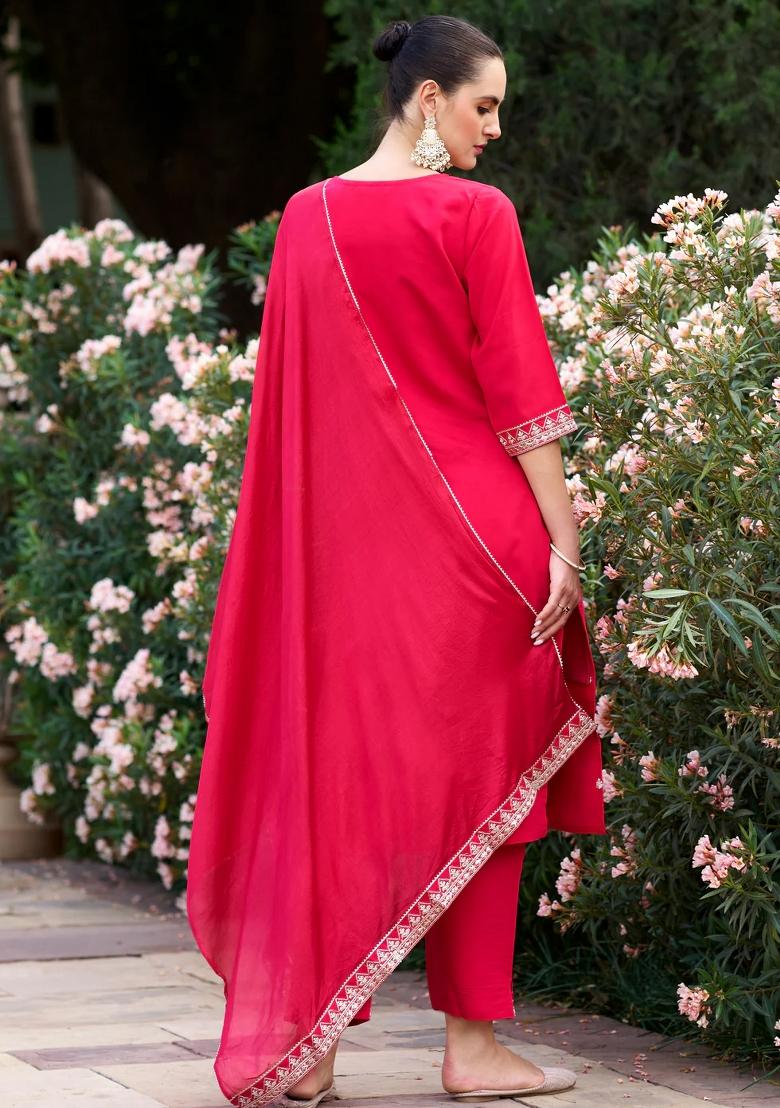 Pink Embroidered Silk Blend Kurta Set - Indya