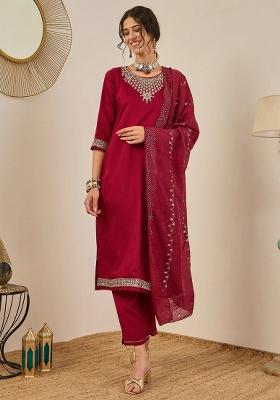 Maroon Embroidered Viscose Kurta Set