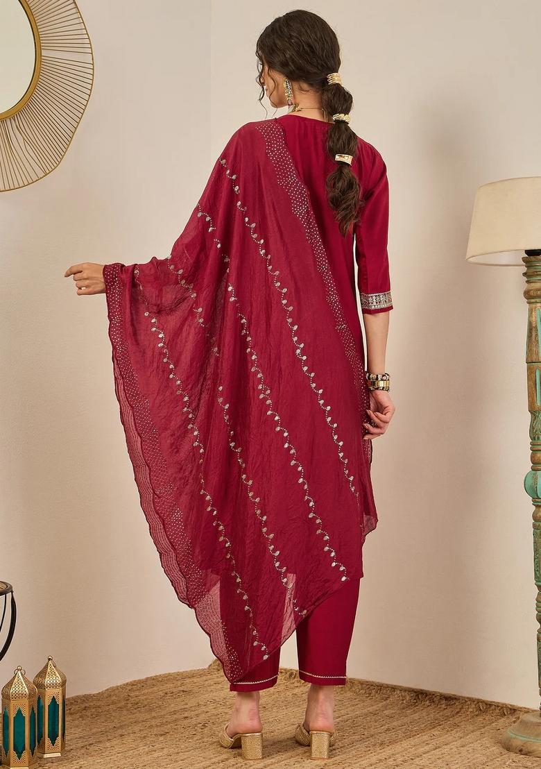 Maroon Embroidered Viscose Kurta Set - Indya
