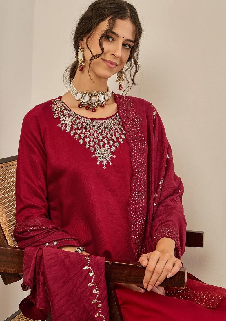 Maroon Embroidered Viscose Kurta Set - Indya