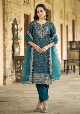 Blue Embroidered Muslin Kurta Set