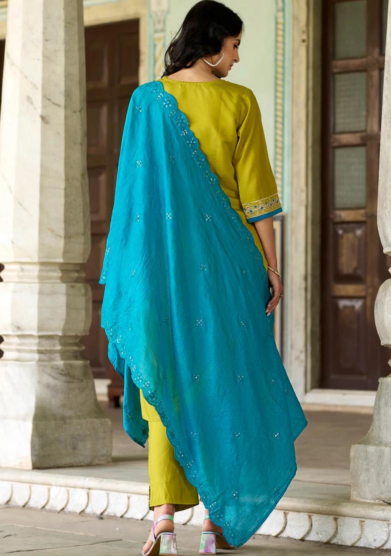 Yellow Embroidered Muslin Kurta Set - Indya