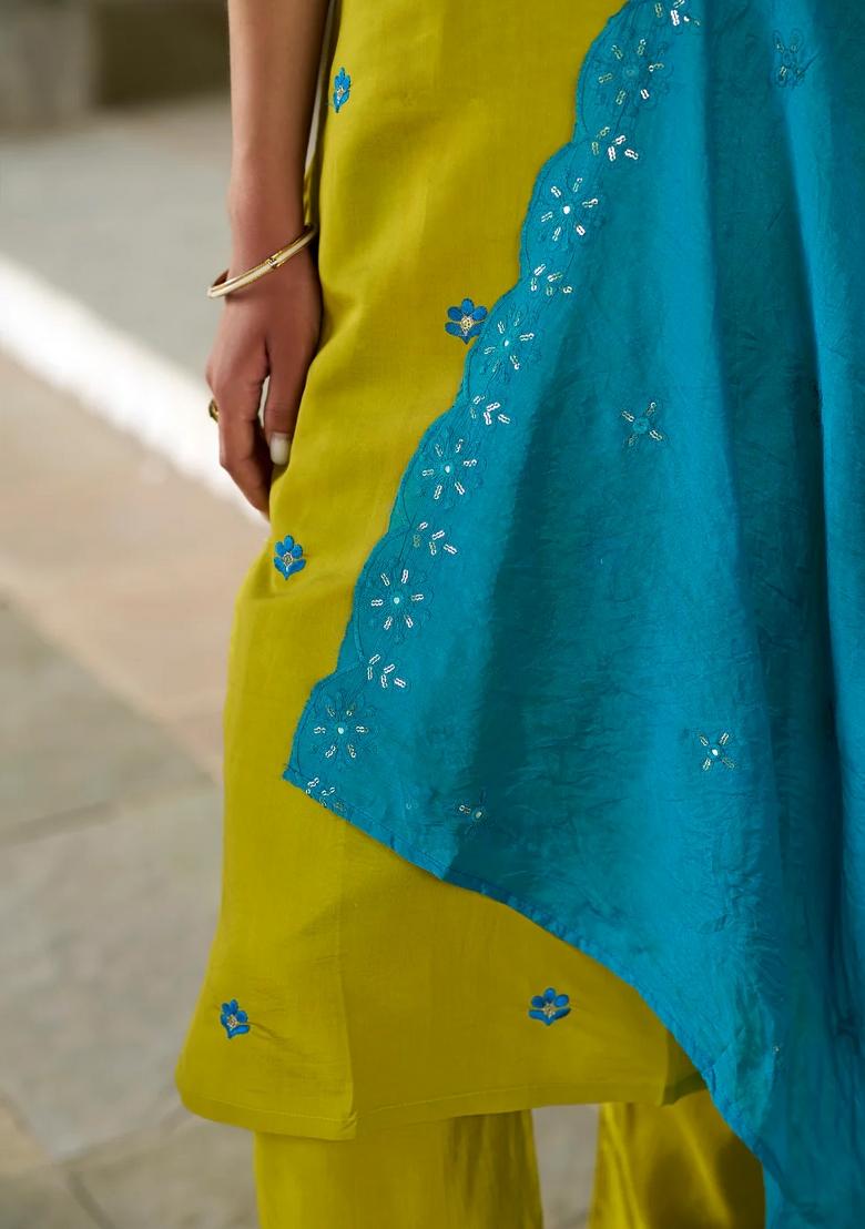Yellow Embroidered Muslin Kurta Set - Indya