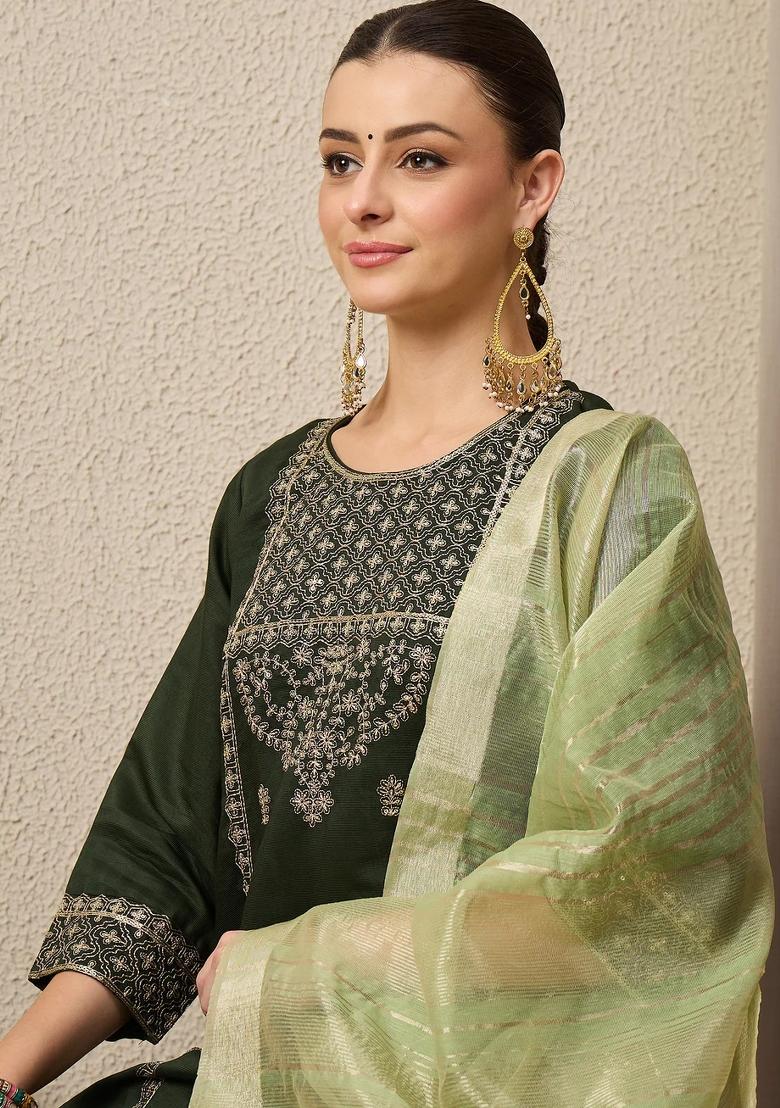 Green Embroidered Viscose Kurta Set - Indya