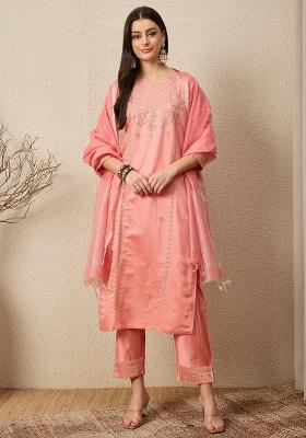 Peach Embroidered Viscose Kurta Set