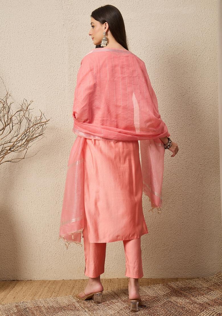 Peach Embroidered Viscose Kurta Set - Indya