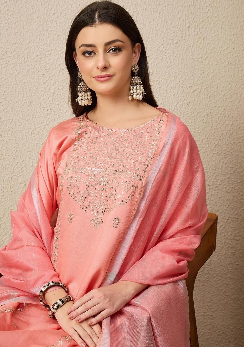 Peach Embroidered Viscose Kurta Set - Indya