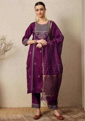 Purple Embroidered Viscose Kurta Set