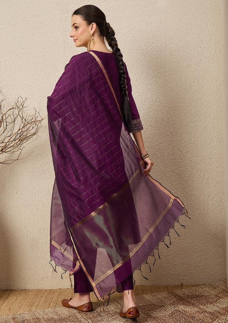Purple Embroidered Viscose Kurta Set - Indya