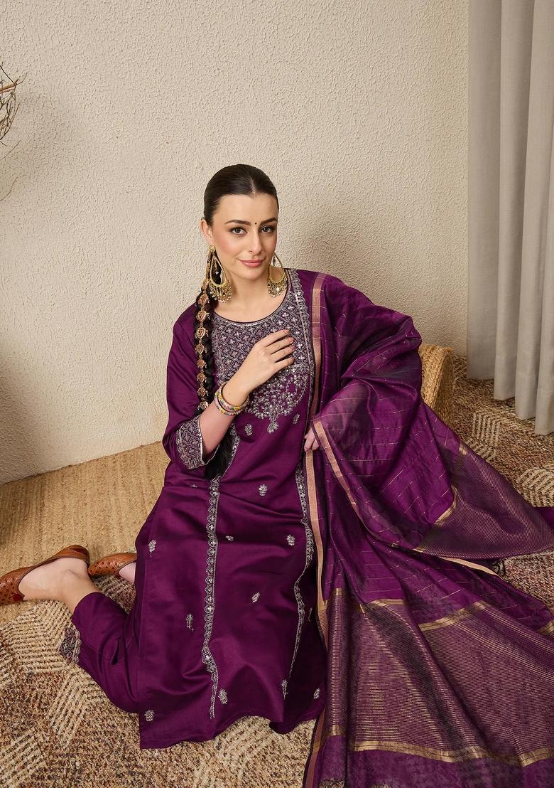 Purple Embroidered Viscose Kurta Set - Indya