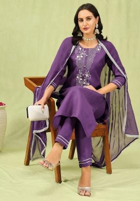 Purple Embroidered Cotton Kurta Set