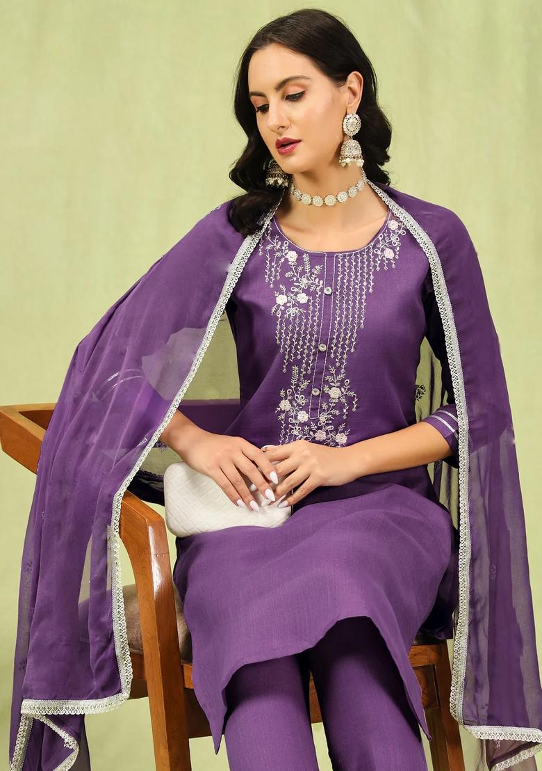 Purple Embroidered Cotton Kurta Set - Indya