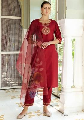 Maroon Embroidered Silk Blend Kurta Set