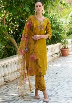 Yellow Embroidered Silk Blend Kurta Set