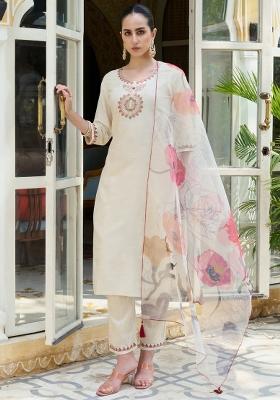White Embroidered Silk Blend Kurta Set