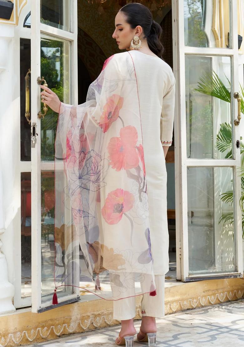 White Embroidered Silk Blend Kurta Set - Indya