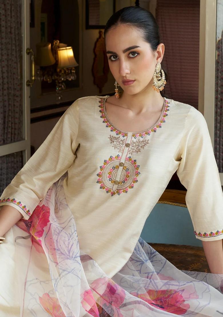 White Embroidered Silk Blend Kurta Set - Indya