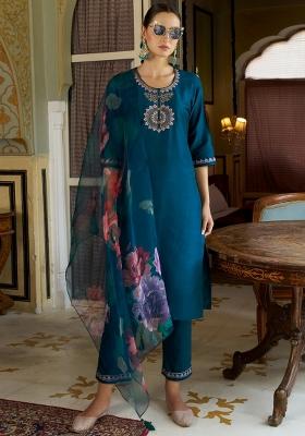 Blue Embroidered Silk Blend Kurta Set