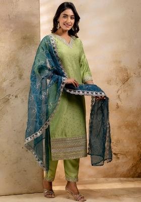 Green Embroidered Silk Blend Kurta Set