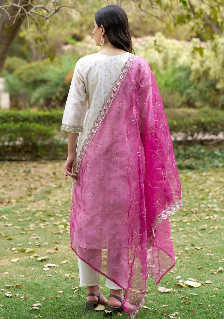 White Embroidered Silk Blend Kurta Set - Indya