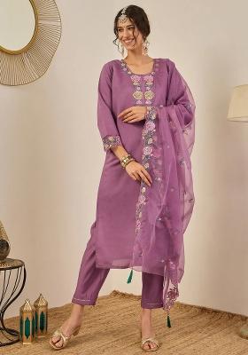 Purple Embroidered Silk Blend Kurta Set