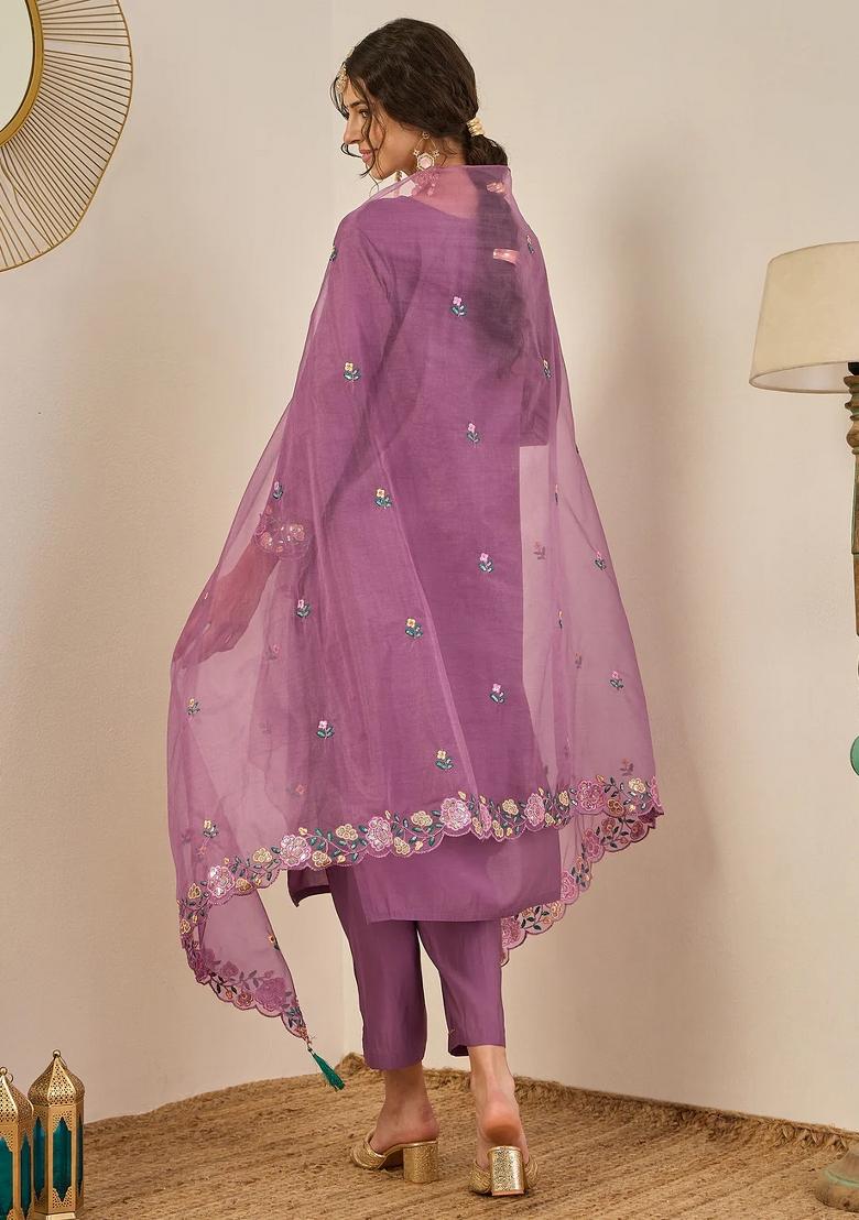 Purple Embroidered Silk Blend Kurta Set - Indya