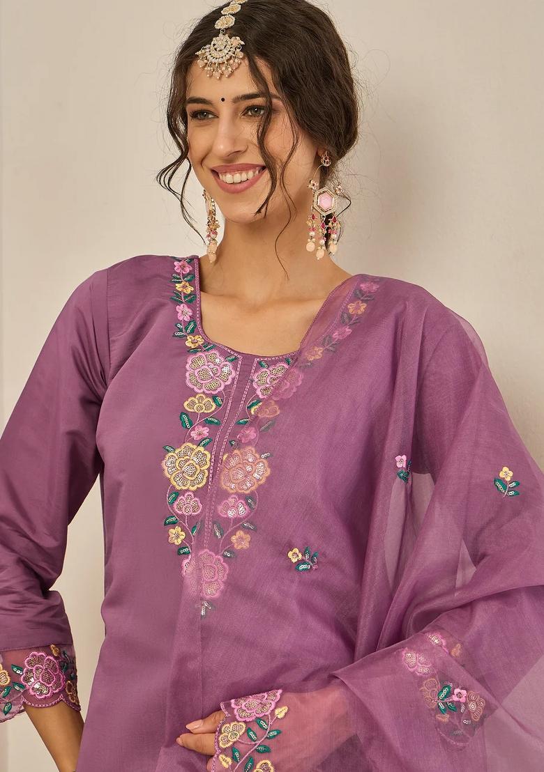 Purple Embroidered Silk Blend Kurta Set - Indya