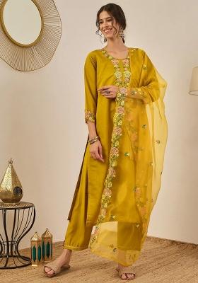 Yellow Embroidered Silk Blend Kurta Set