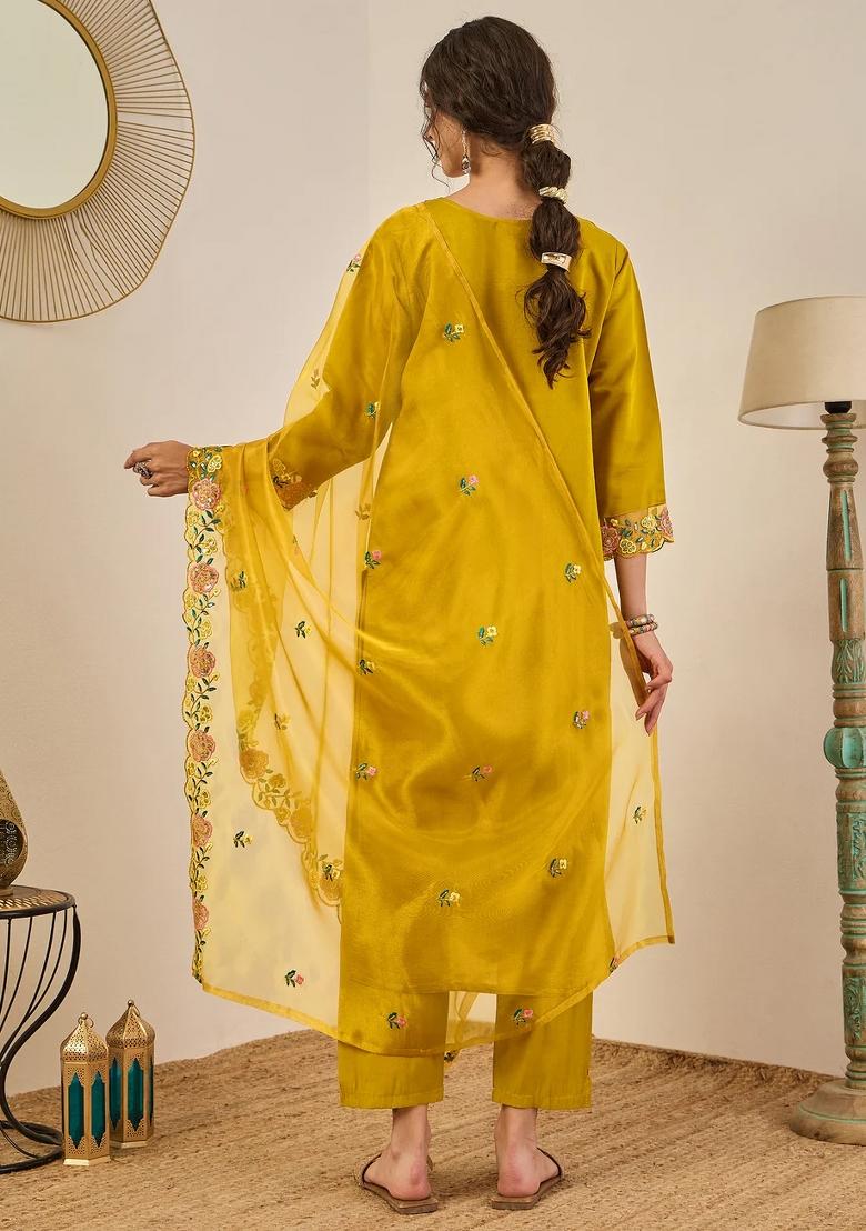 Yellow Embroidered Silk Blend Kurta Set - Indya