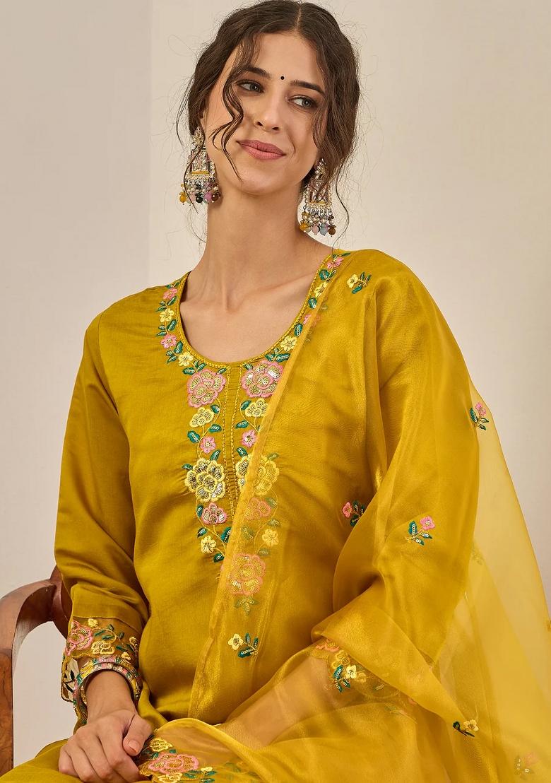 Yellow Embroidered Silk Blend Kurta Set - Indya