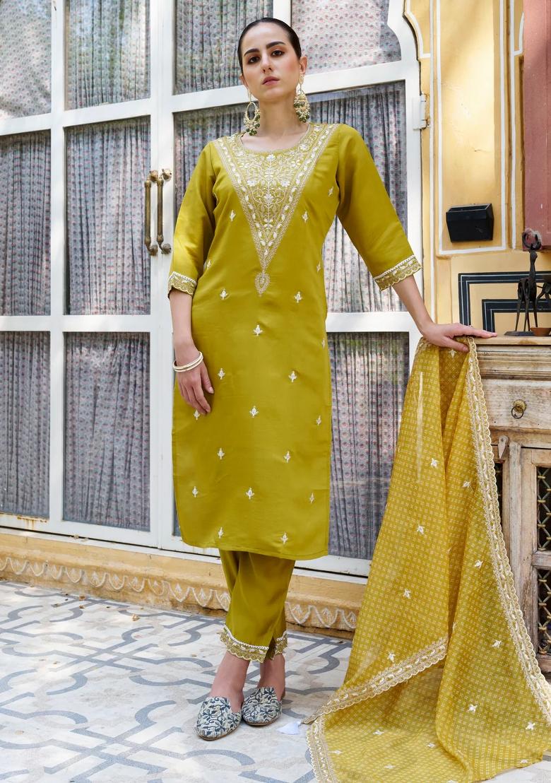 Yellow Embroidered Silk Blend Kurta Set - Indya