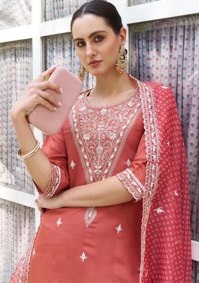 Peach Embroidered Silk Blend Kurta Set - Indya