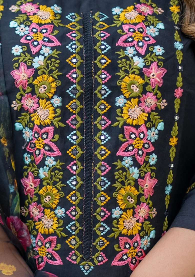 Black Embroidered Viscose Kurta Set - Indya