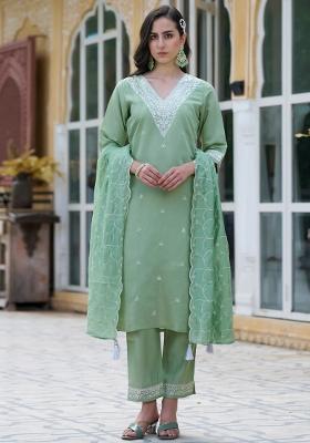 Green Embroidered Silk Blend Kurta Set