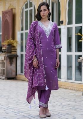 Purple Embroidered Silk Blend Kurta Set