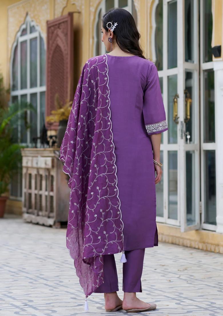 Purple Embroidered Silk Blend Kurta Set - Indya